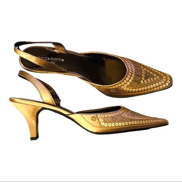 Classy Liz Claiborne Sling-Back heels. Gold, Satin and Sequin details.  Size 7.5 - Picture 3 of 7